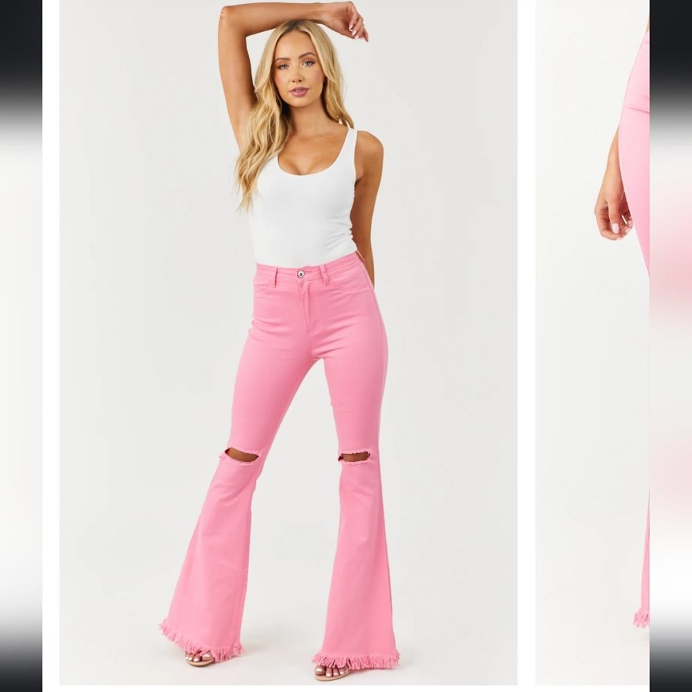 JC & JQ Bubblegum Distressed Knee High Rise Flare Jeans